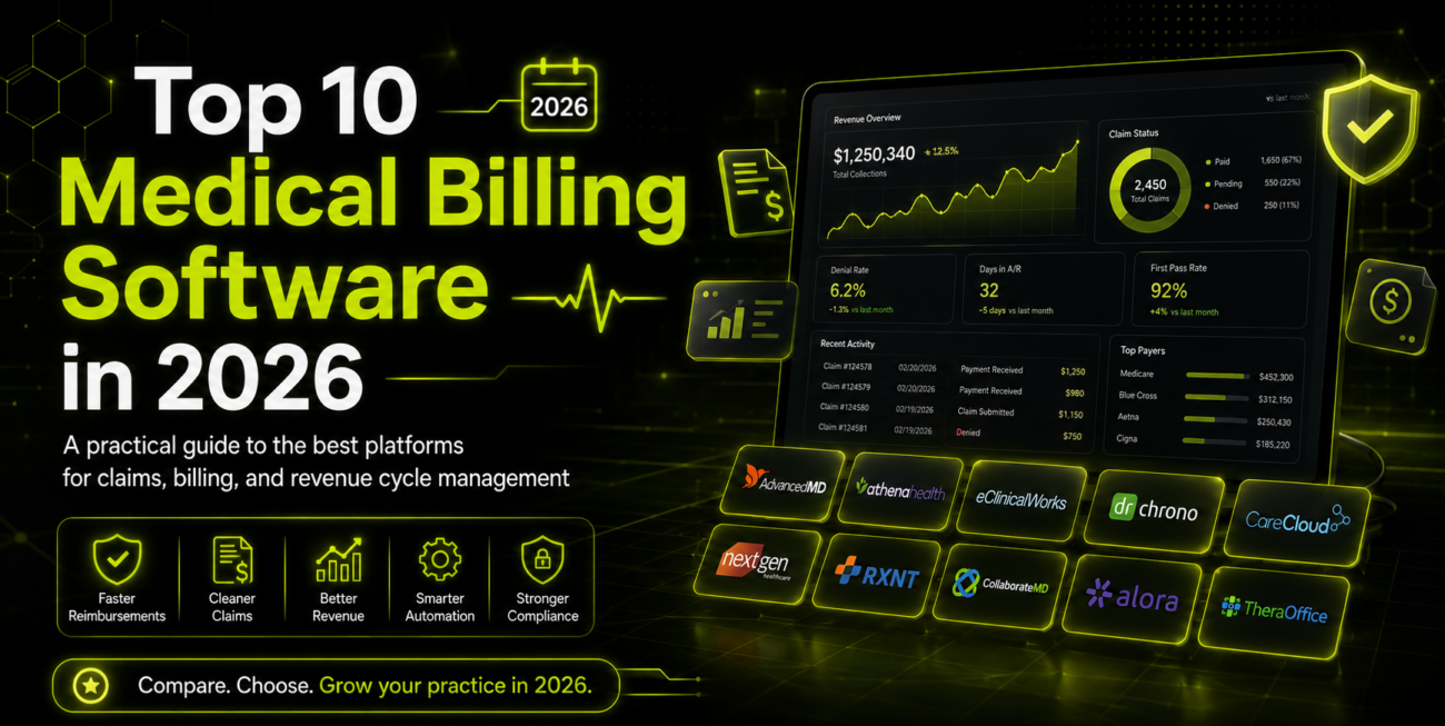 Top 10 medical billing software in 2026 infographic comparing billing platforms, key features, and best use cases for healthcare practices.