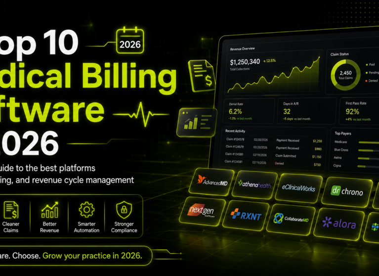 Top 10 medical billing software in 2026 infographic comparing billing platforms, key features, and best use cases for healthcare practices.